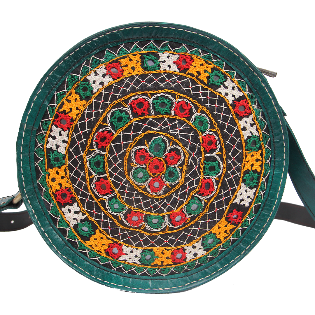 Verdant Green Embroidered Round Leather Sling Bag