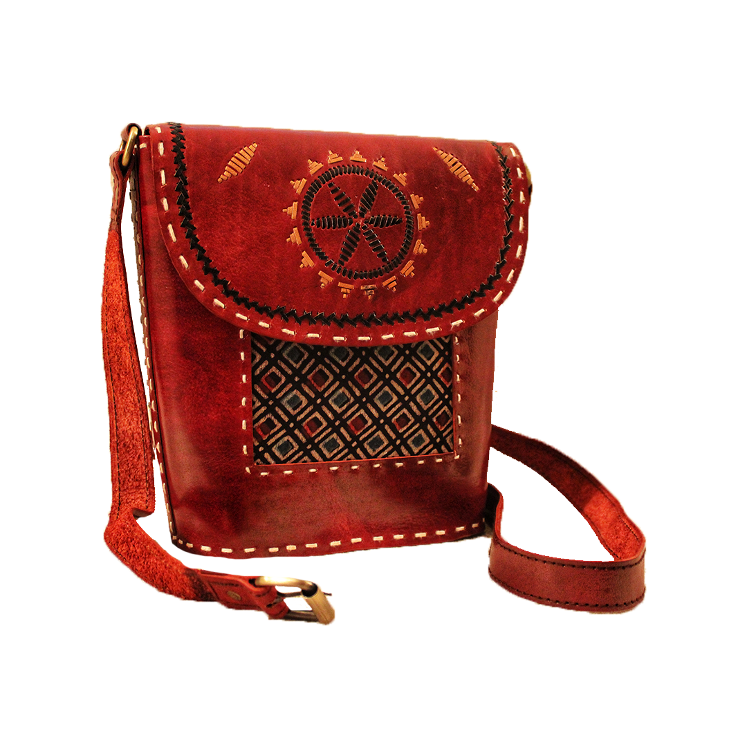 Umber Brown Embroidered Ajrakh Leather Bucket Bag
