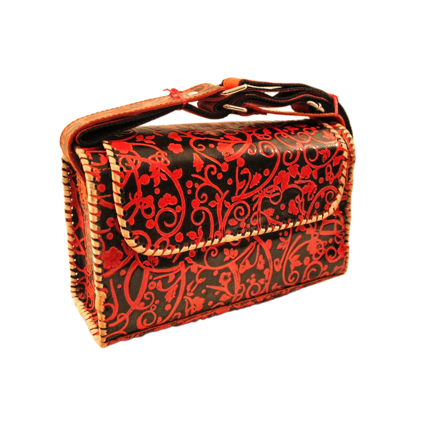 Red Streak Hand embossed Baguette Leather Bag