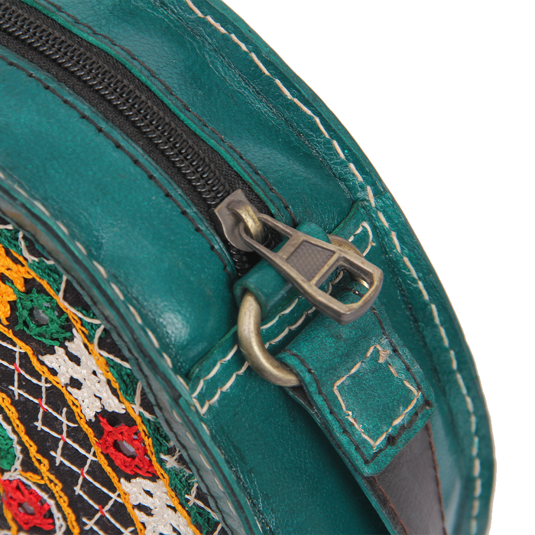 Verdant Green Embroidered Round Leather Sling Bag