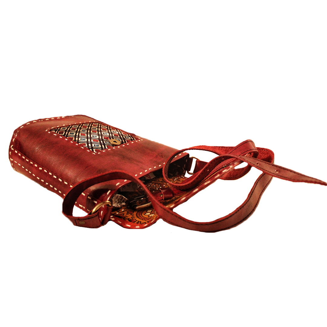Umber Brown Embroidered Ajrakh Leather Bucket Bag