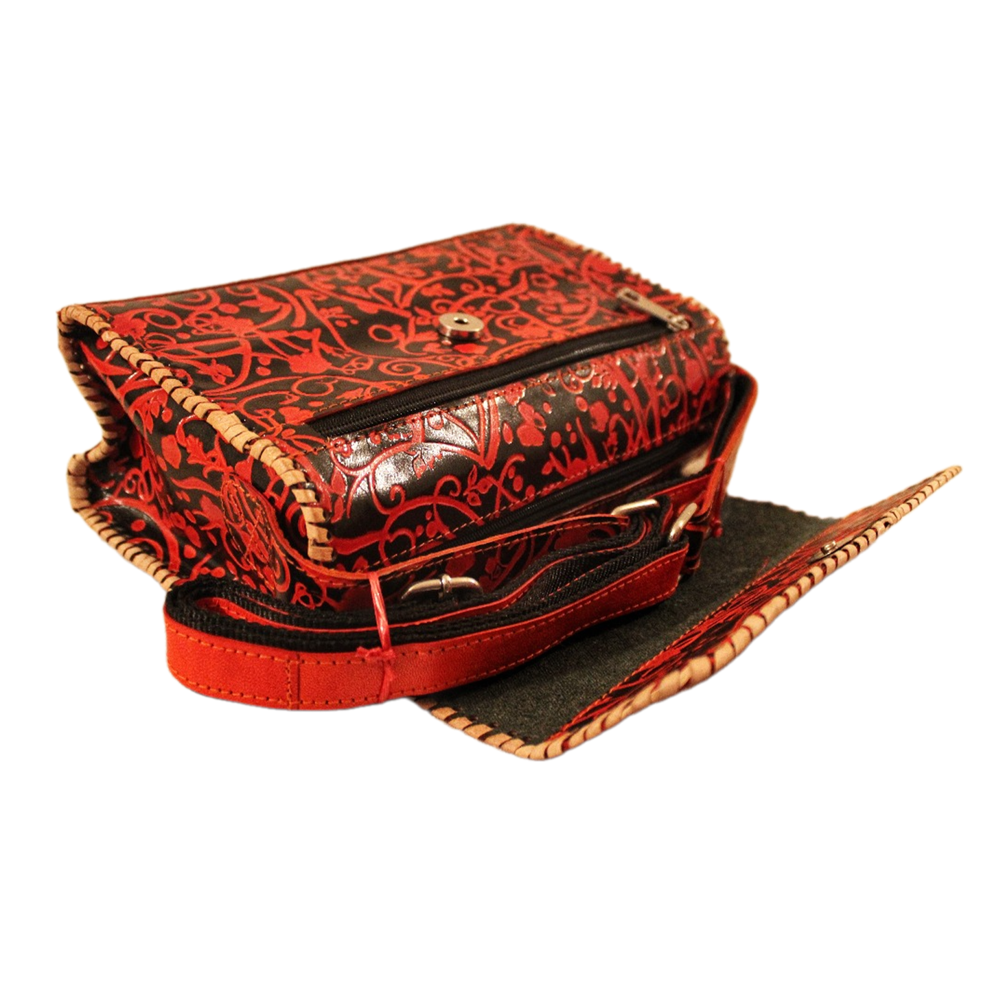 Red Streak Hand embossed Baguette Leather Bag
