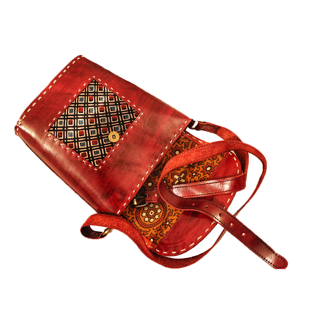 Umber Brown Embroidered Ajrakh Leather Bucket Bag