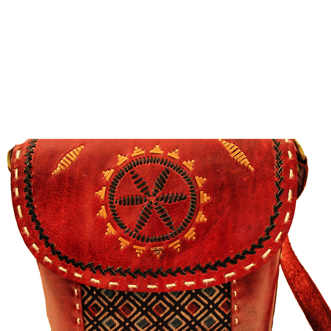 Umber Brown Embroidered Ajrakh Leather Bucket Bag