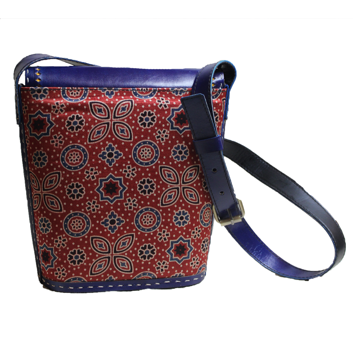 Red Blue Pushtaini Leather Bucket Bag