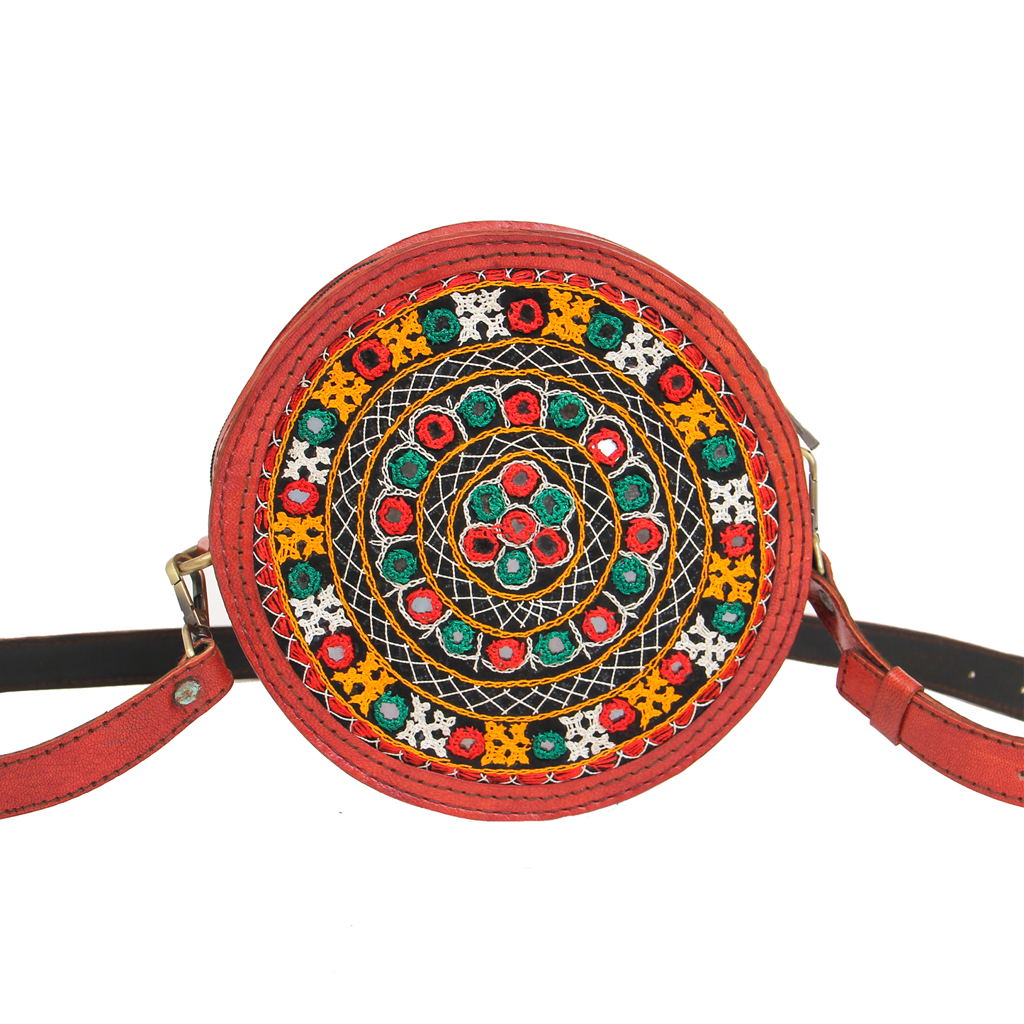 Tangerine Orange Embroidered Round Leather Sling Bag