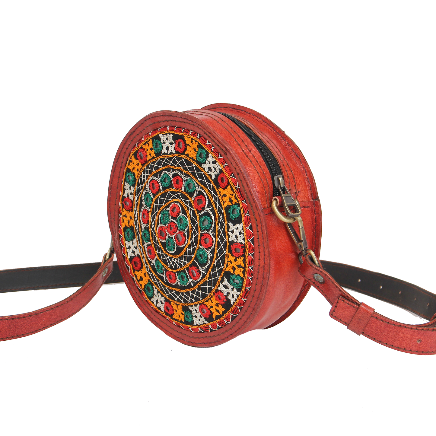 Tangerine Orange Embroidered Round Leather Sling Bag