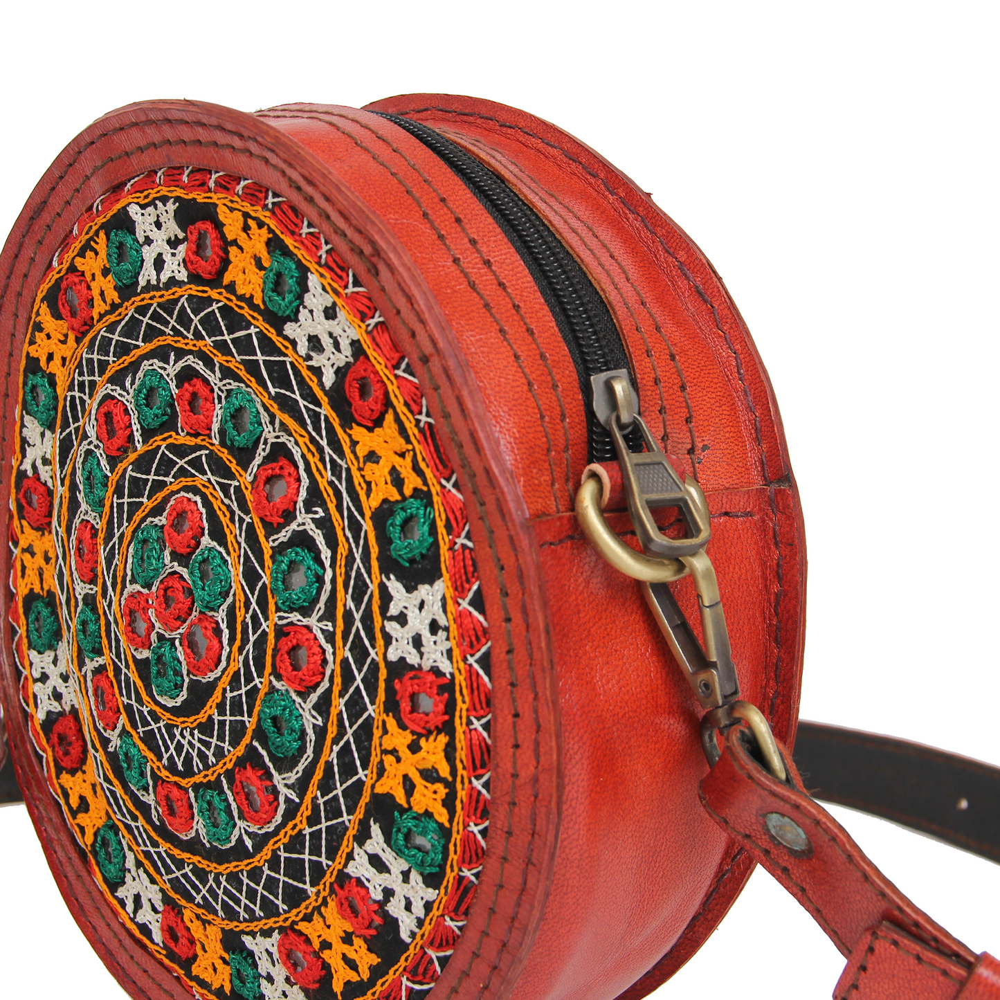 Tangerine Orange Embroidered Round Leather Sling Bag