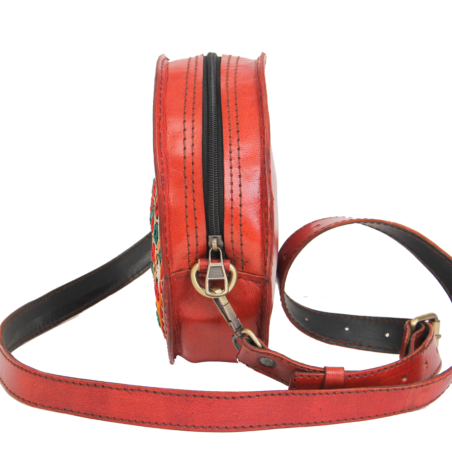 Tangerine Orange Embroidered Round Leather Sling Bag