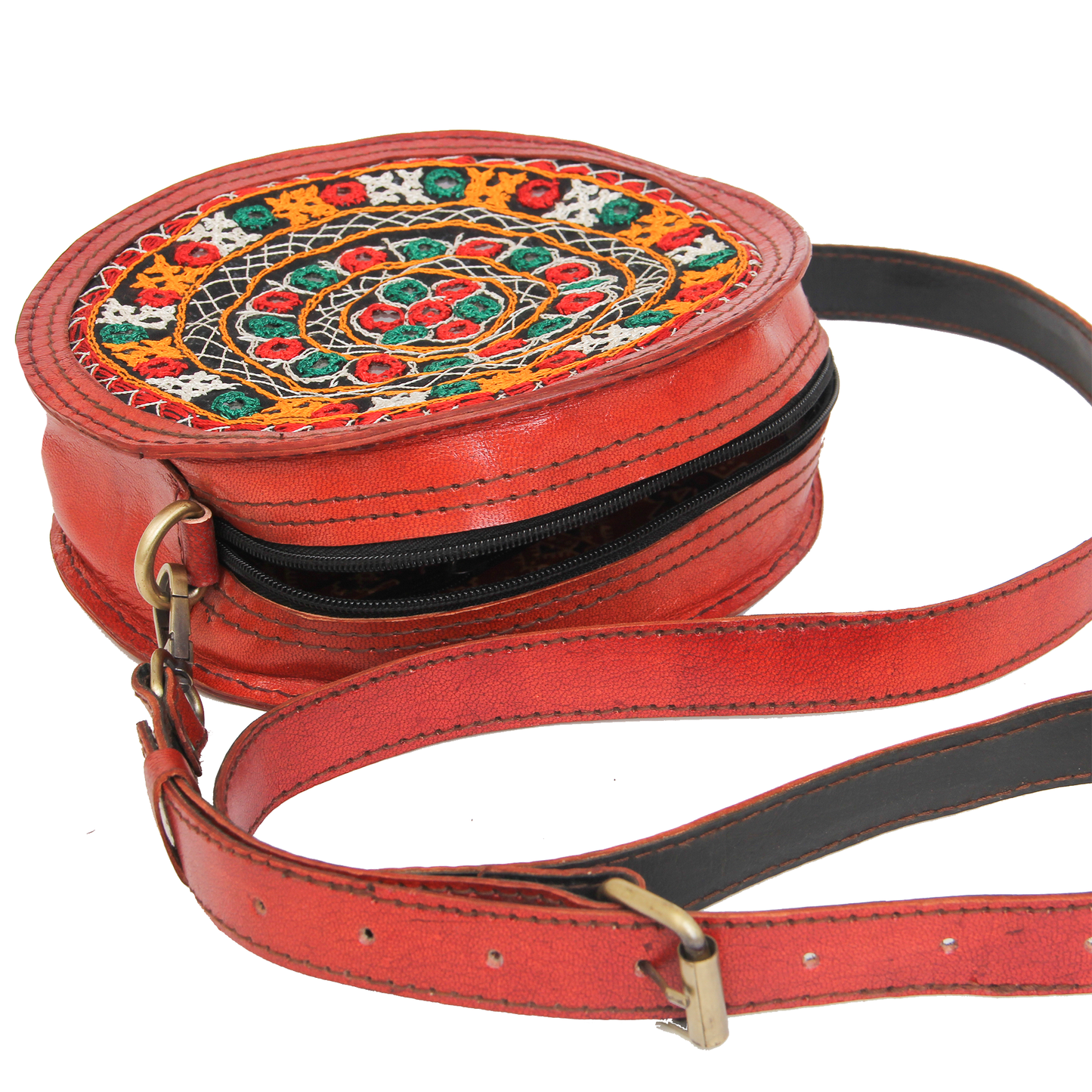 Tangerine Orange Embroidered Round Leather Sling Bag