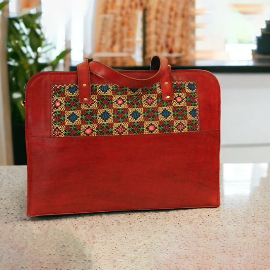 Cherry Red Laptop Bag with Green Red Handwork