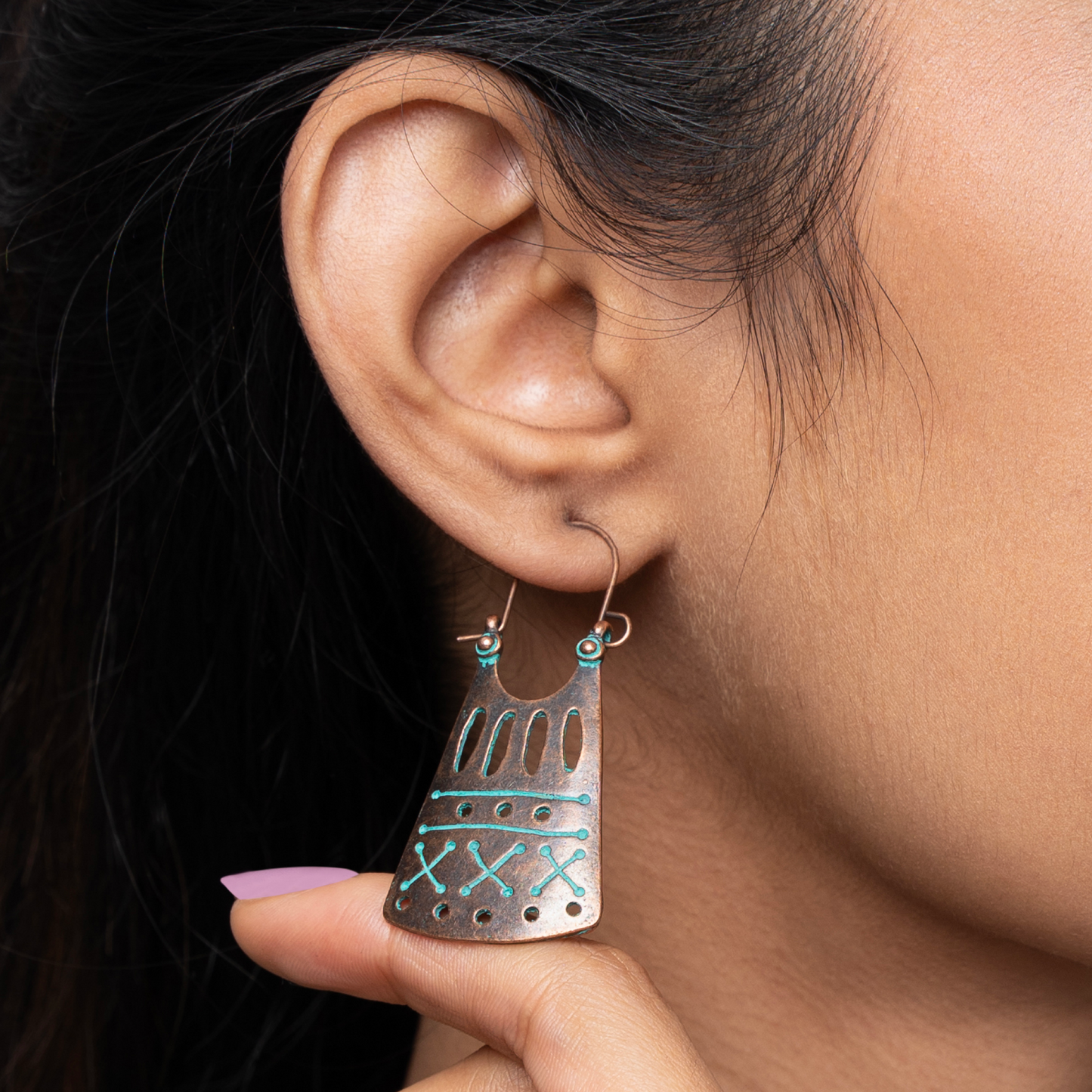 Geometric patterned box Antique Turquoise Bronze Alloy earring