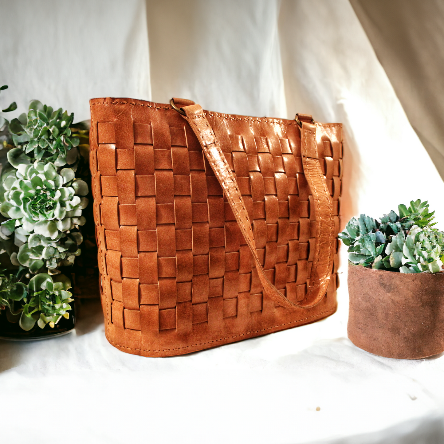 Hand-weaved Light Tan Pure Leather Tote Bag