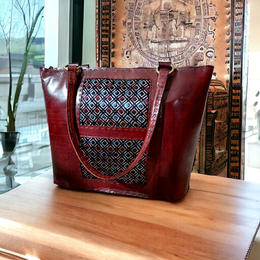Boxy Affair Ajrakh  Leather Tote Bag