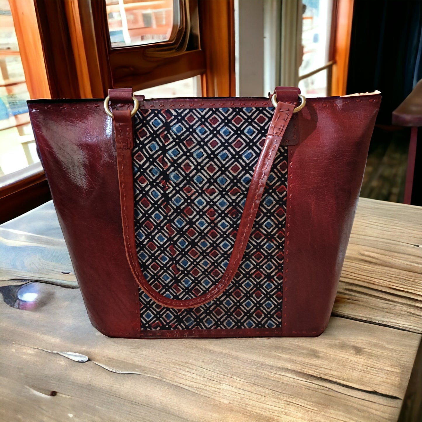 Odyssey Ajrakh  Leather Tote Bag