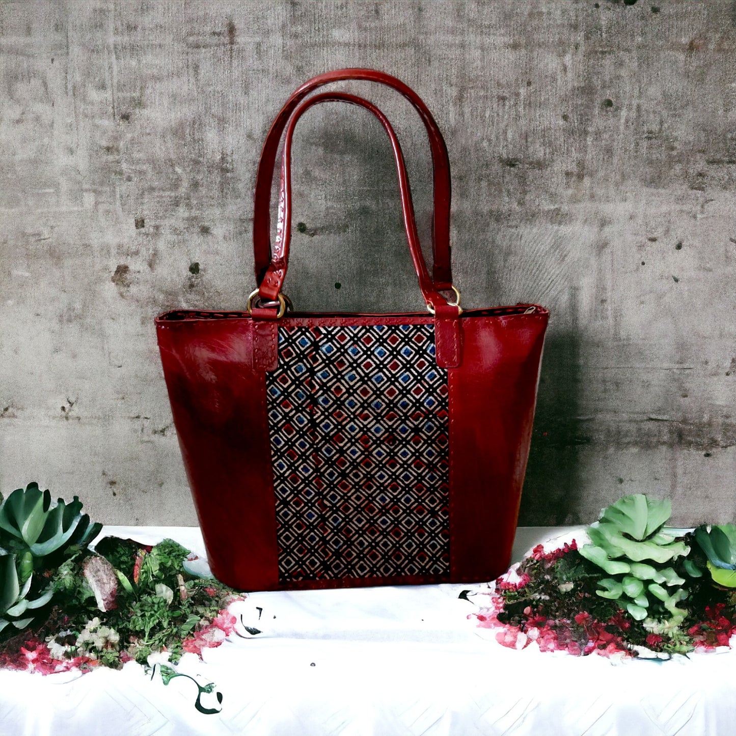 Odyssey Ajrakh Leather Tote Bag