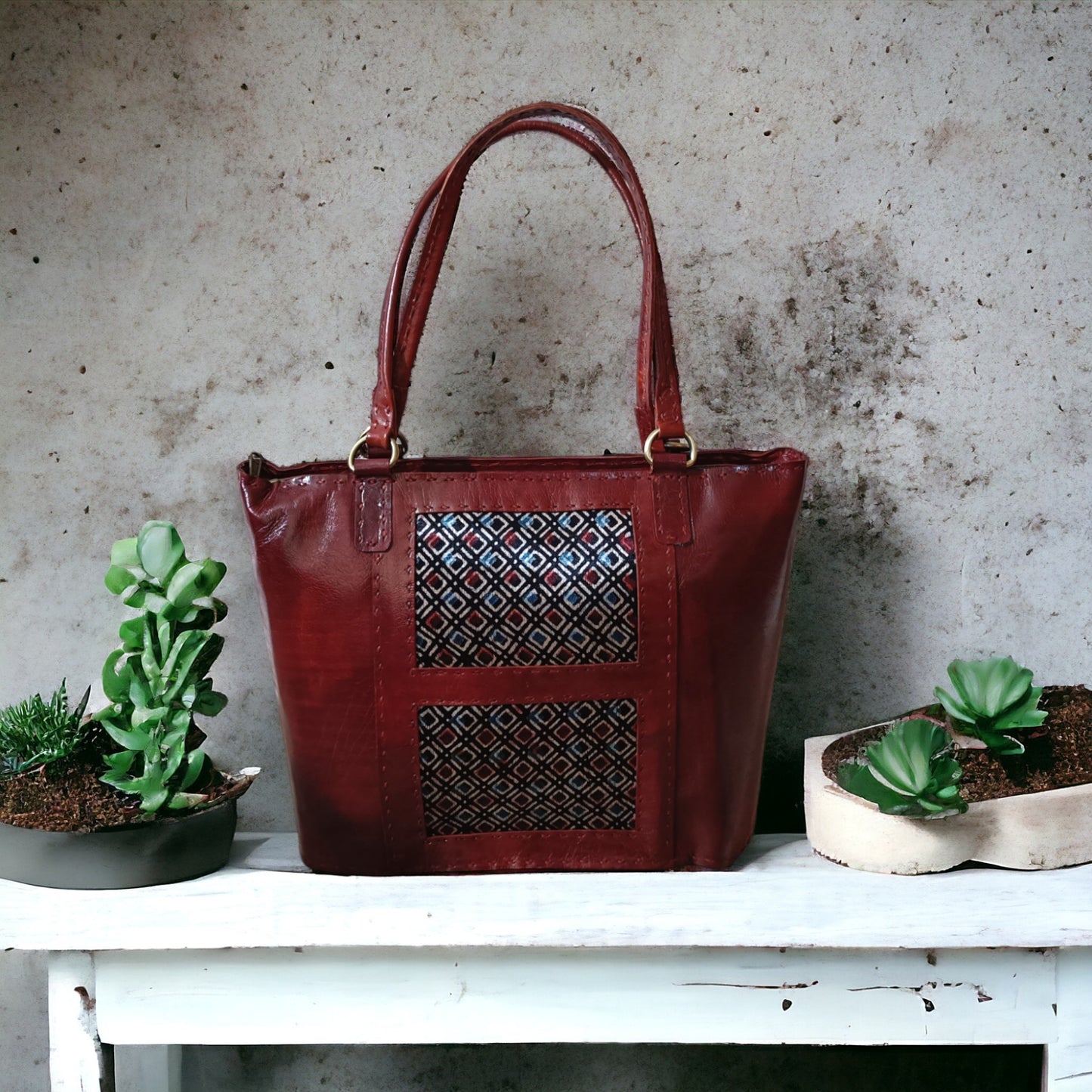 Boxy Affair Ajrakh Leather Tote Bag