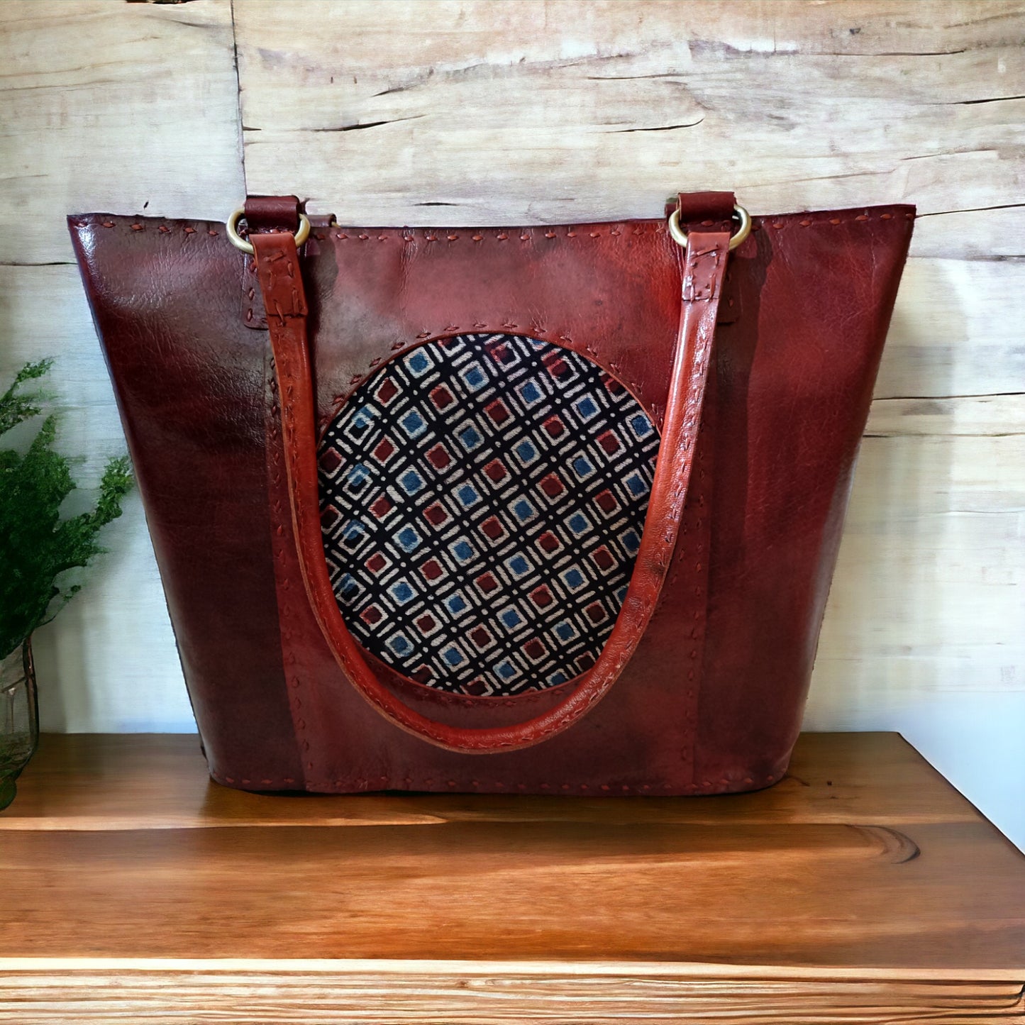 Classy Circle Ajrakh Leather Tote Bag