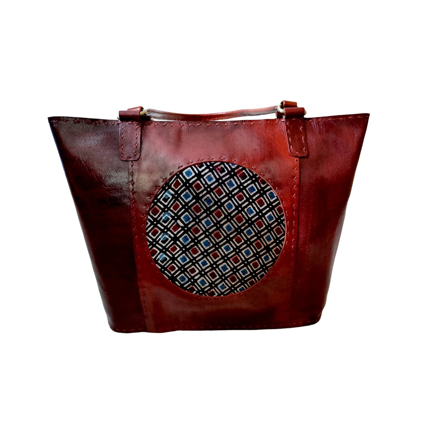 Classy Circle Ajrakh Leather Tote Bag