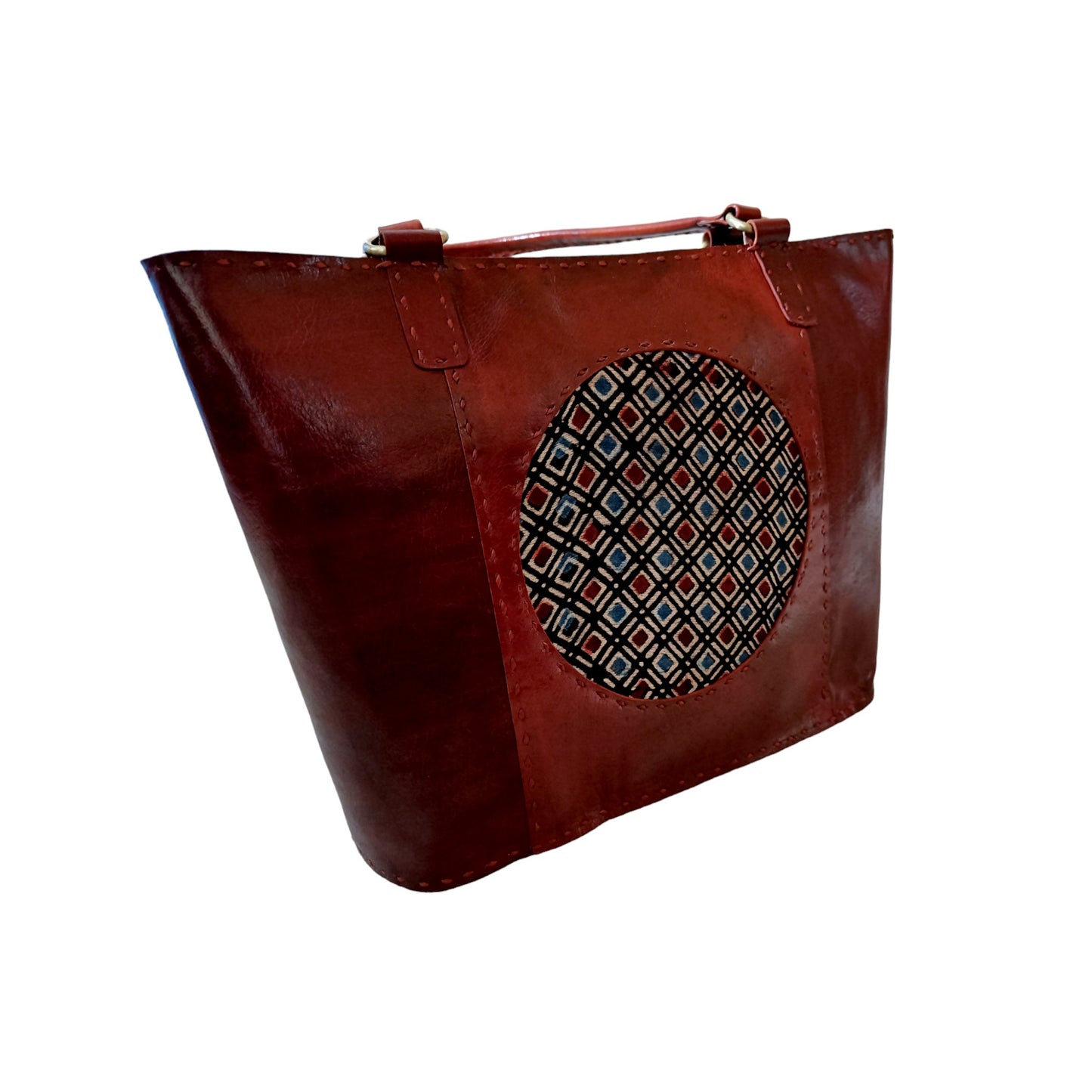 Classy Circle Ajrakh Leather Tote Bag