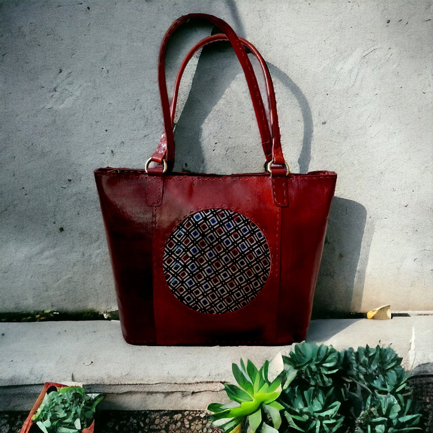 Classy Circle Ajrakh Leather Tote Bag