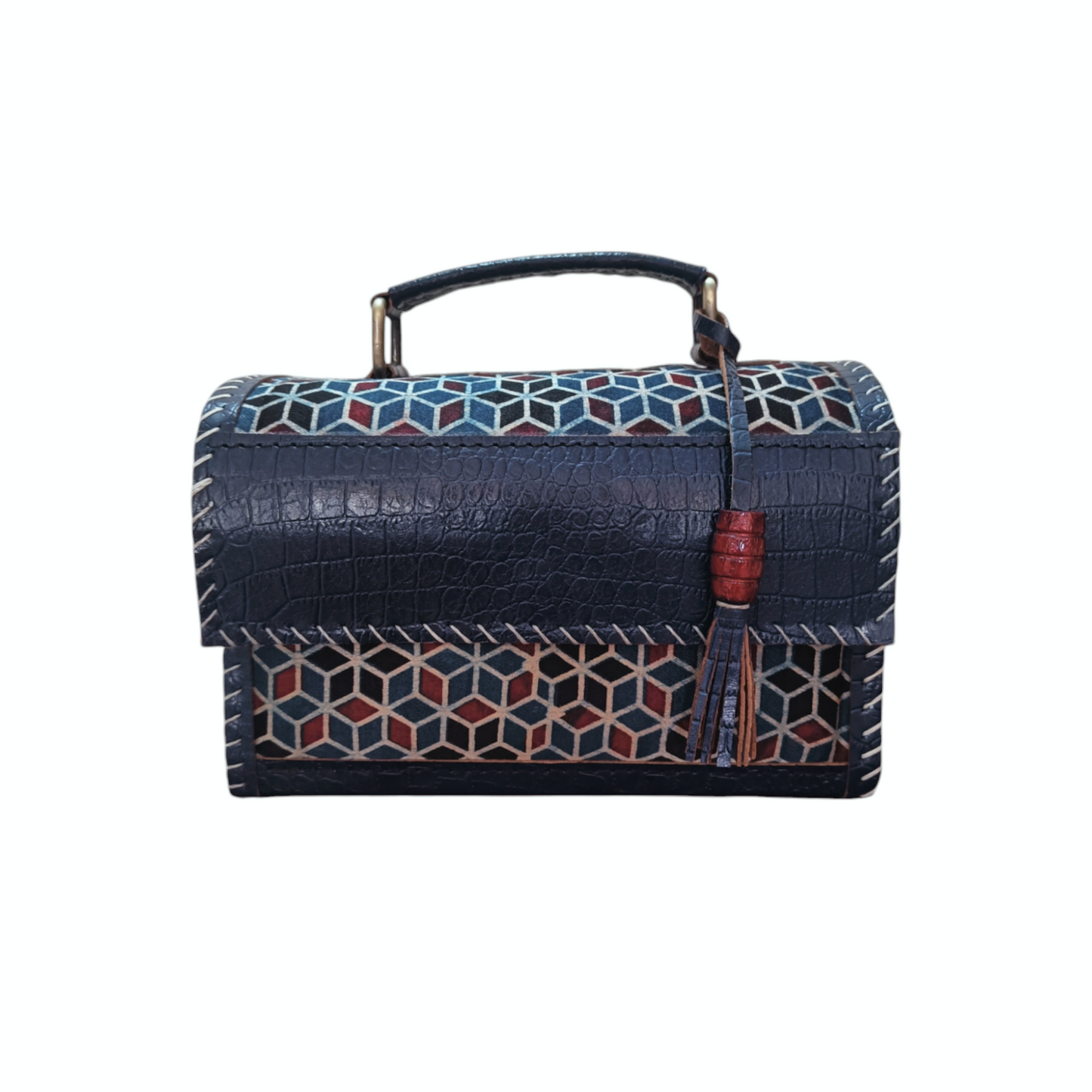 Leather Ajrakh Capsule Sling Bag - Blue