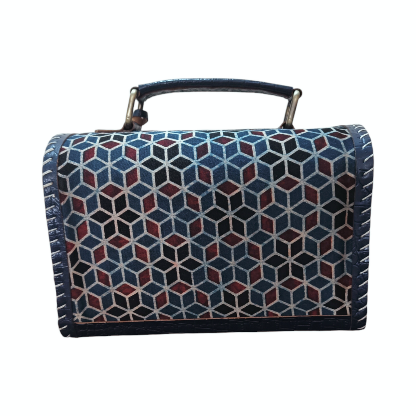 Leather Ajrakh Capsule Sling Bag - Blue