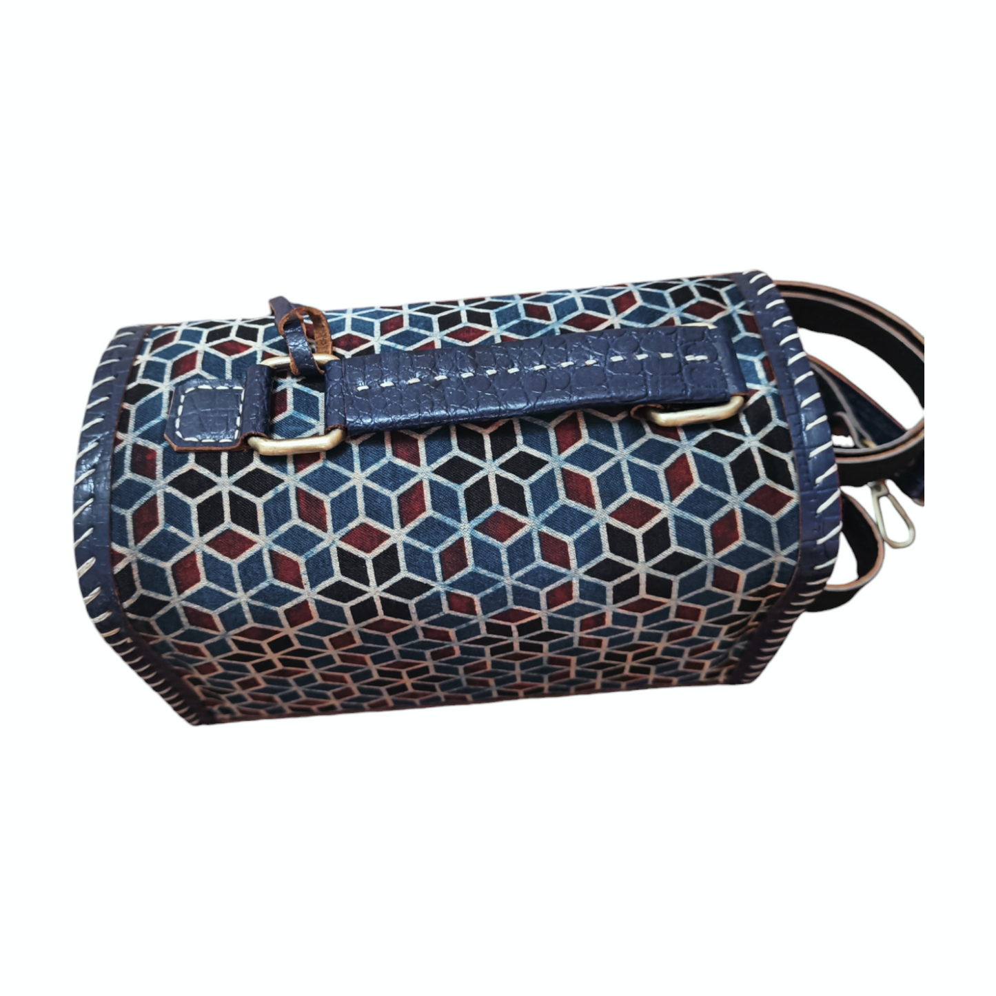 Leather Ajrakh Capsule Sling Bag - Blue