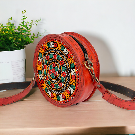 Tangerine Orange Embroidered Round Leather Sling Bag