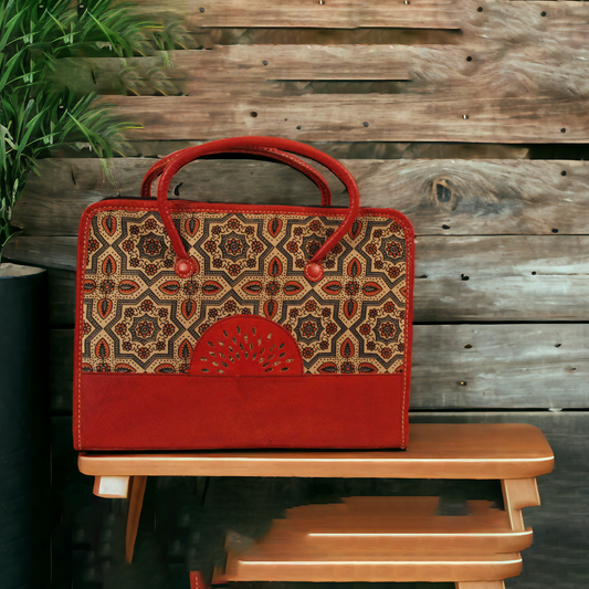 Light Brown Ajrakh Leather Laptop Bag