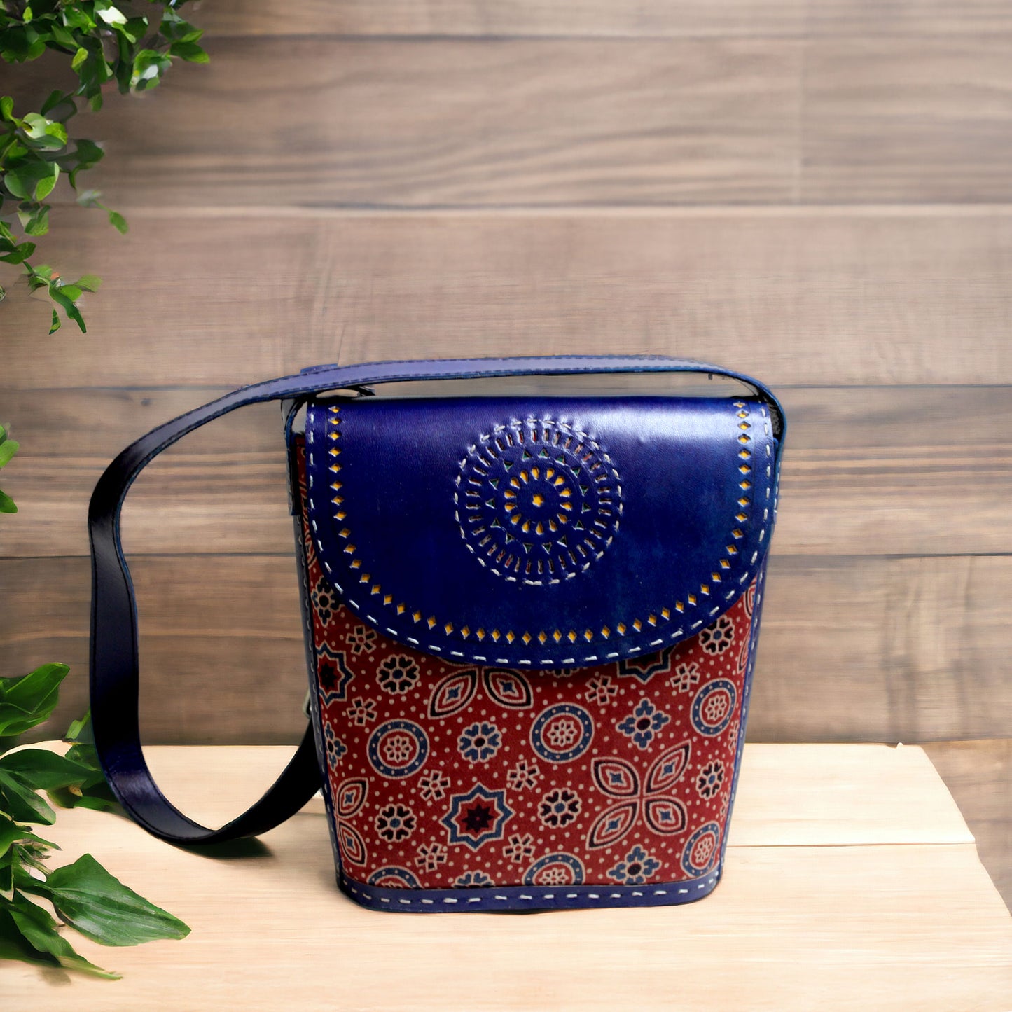 Red Blue Pushtaini Leather Bucket Bag