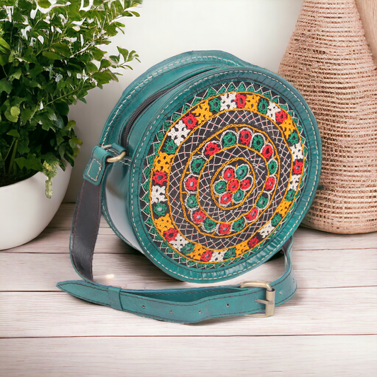 Verdant Green Embroidered Round Leather Sling Bag