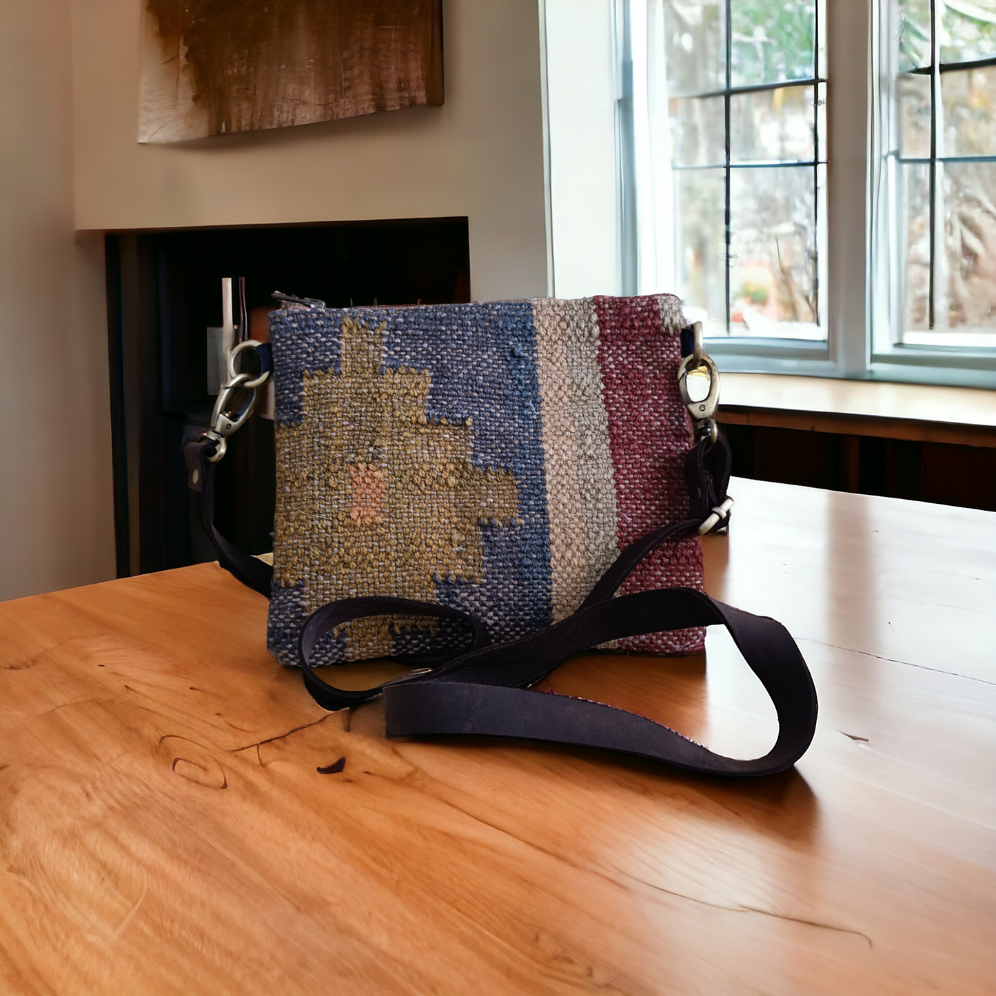 Geometric Patterned Jute Leather Sling Bag