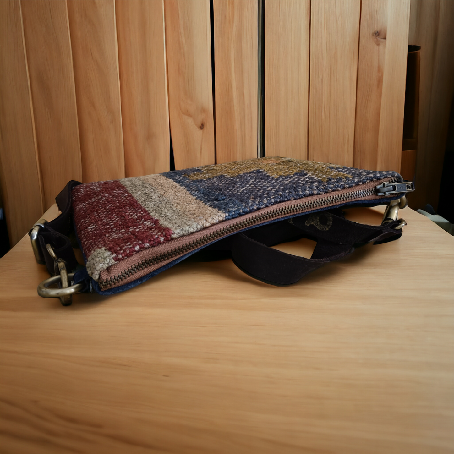 Geometric Patterned Jute Leather Sling Bag