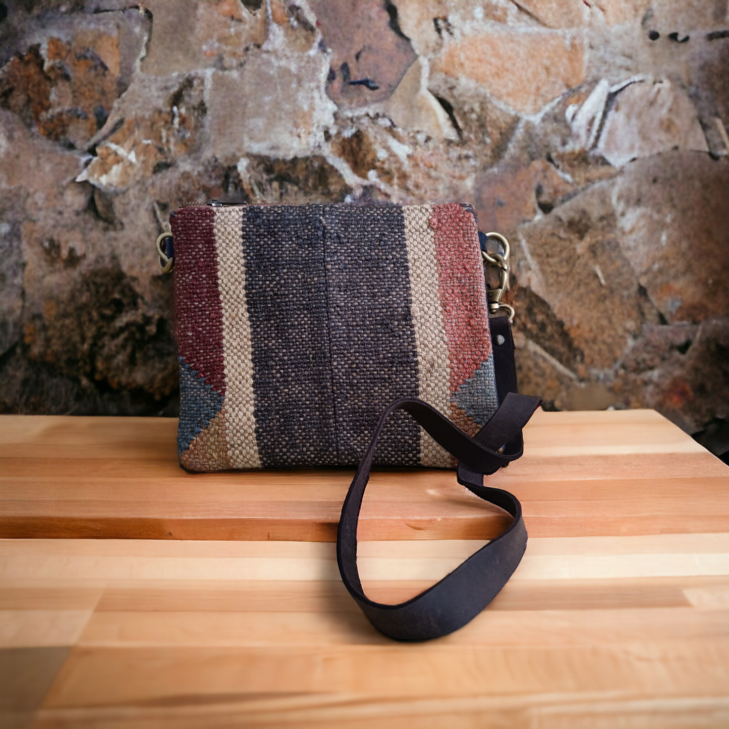 Geometric Patterned Jute Leather Sling Bag