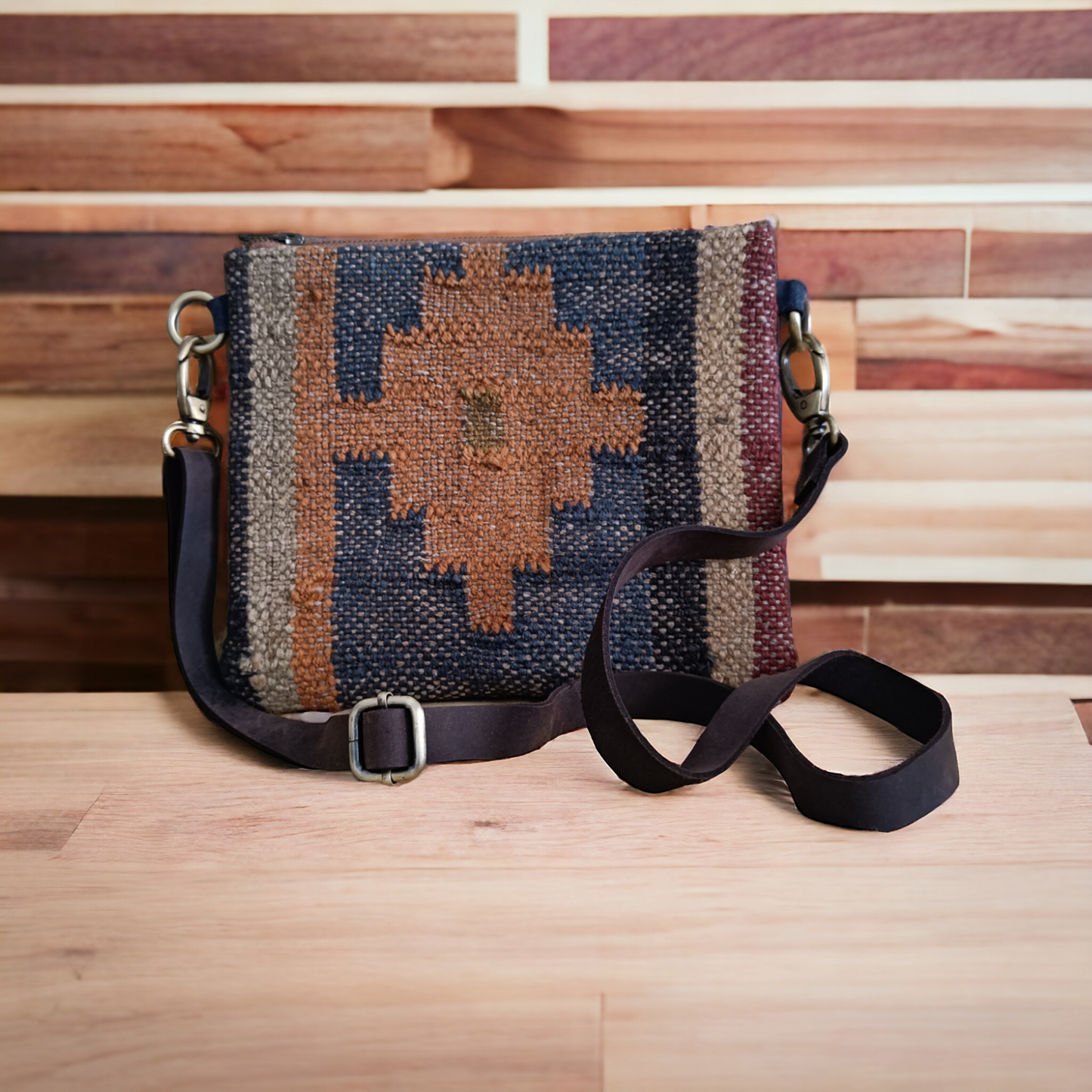 Geometric Patterned Jute Leather Sling Bag