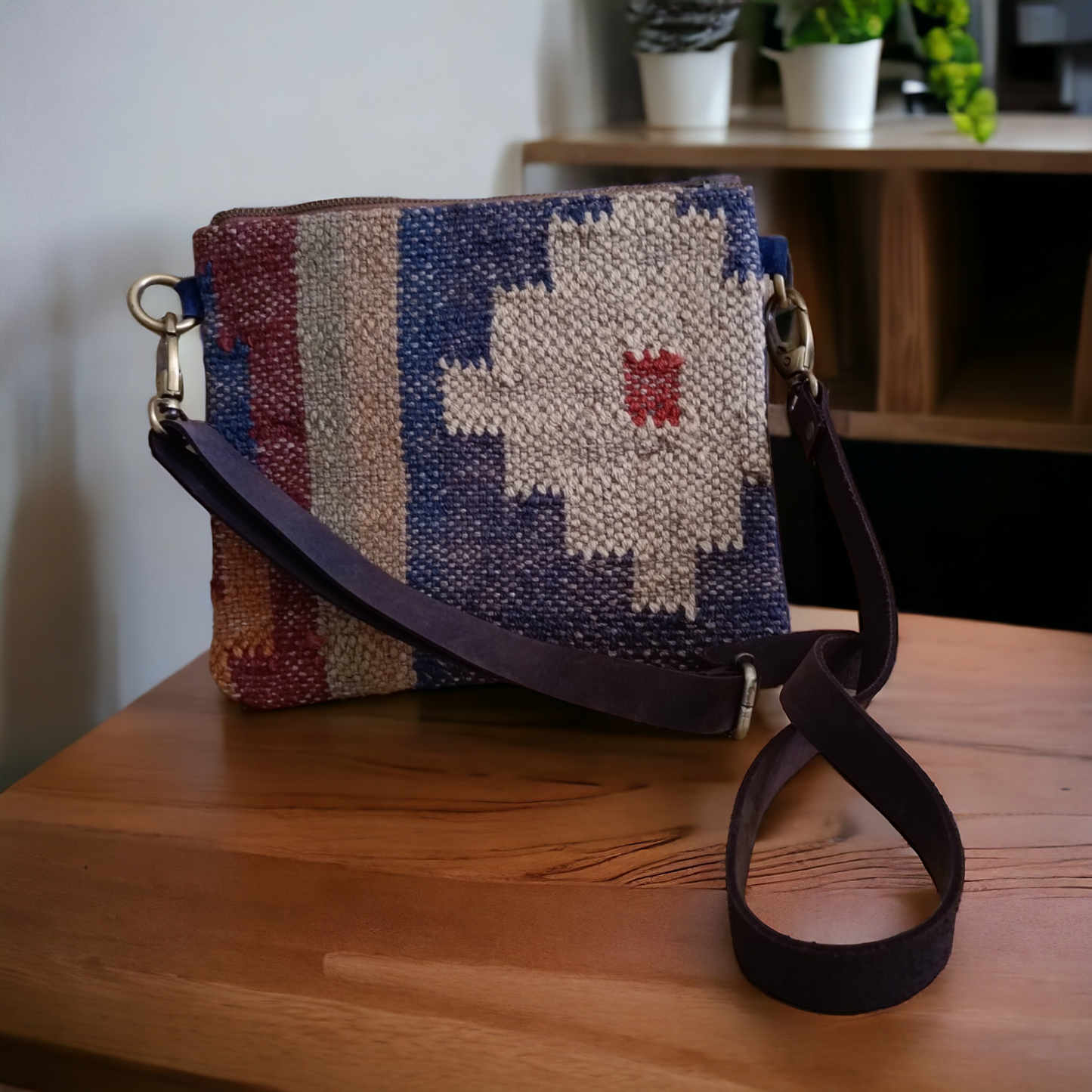 Geometric Patterned Jute Leather Sling Bag