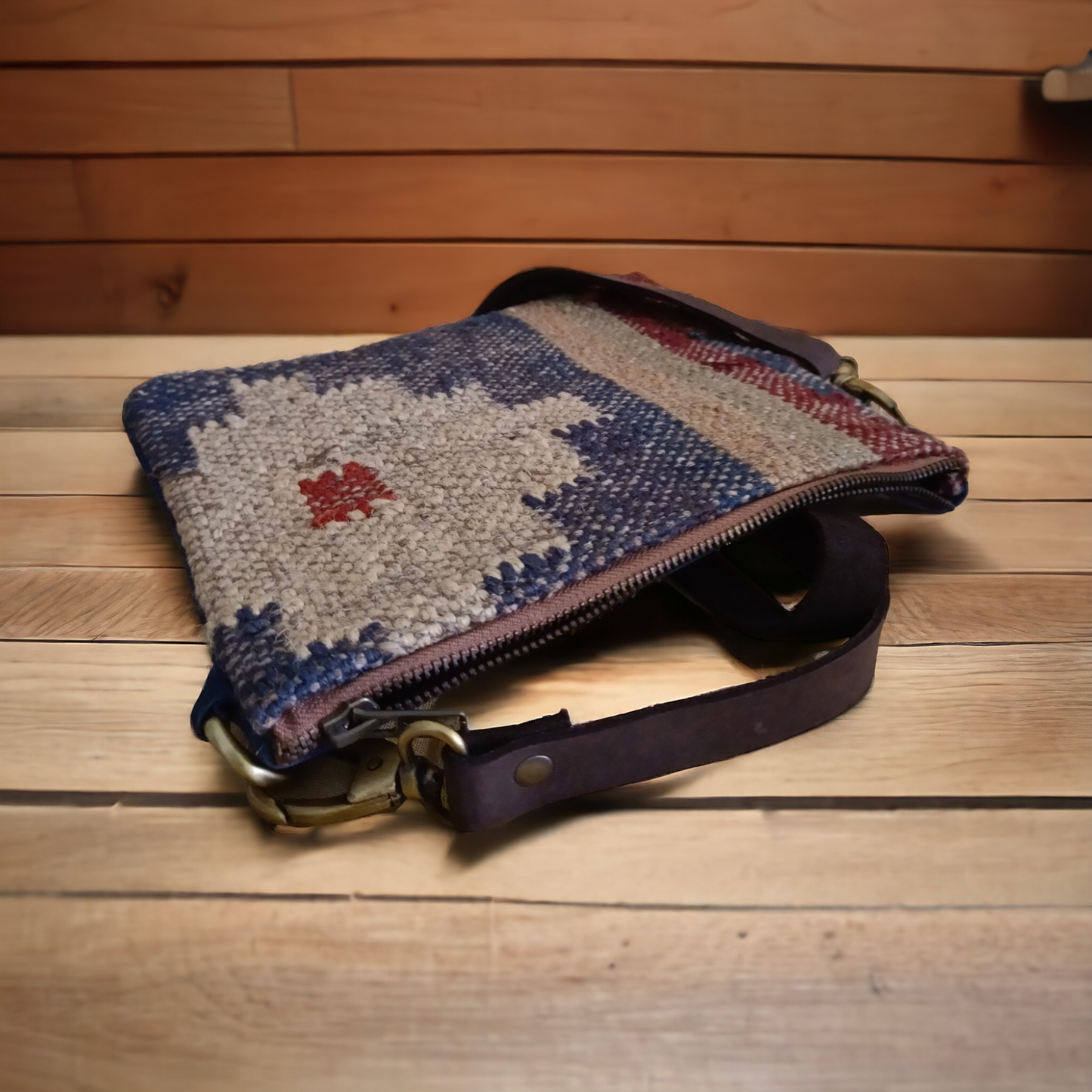 Geometric Patterned Jute Leather Sling Bag