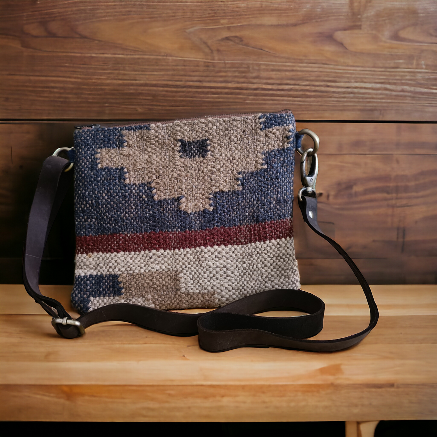 Geometric Patterned Jute Leather Sling Bag