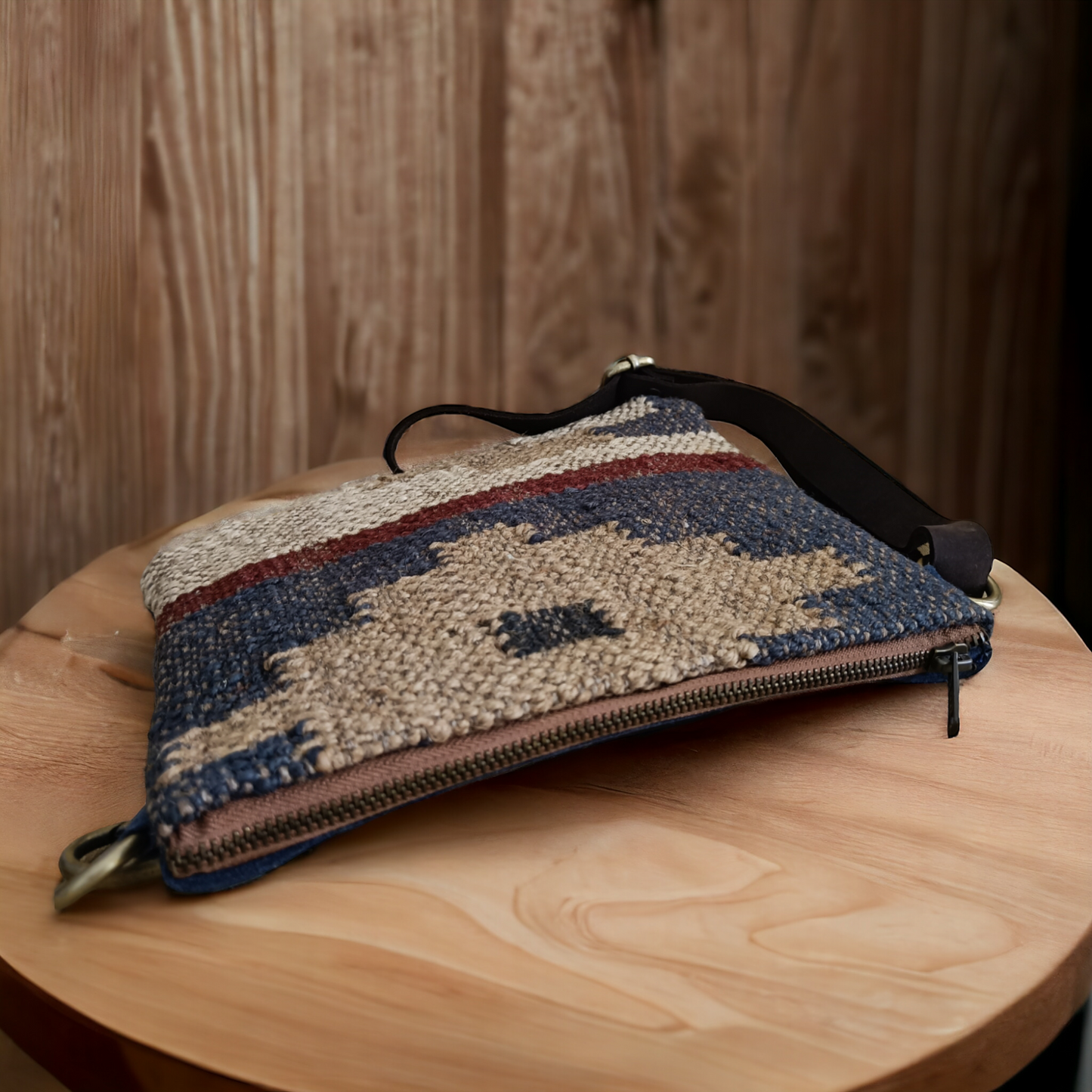 Geometric Patterned Jute Leather Sling Bag