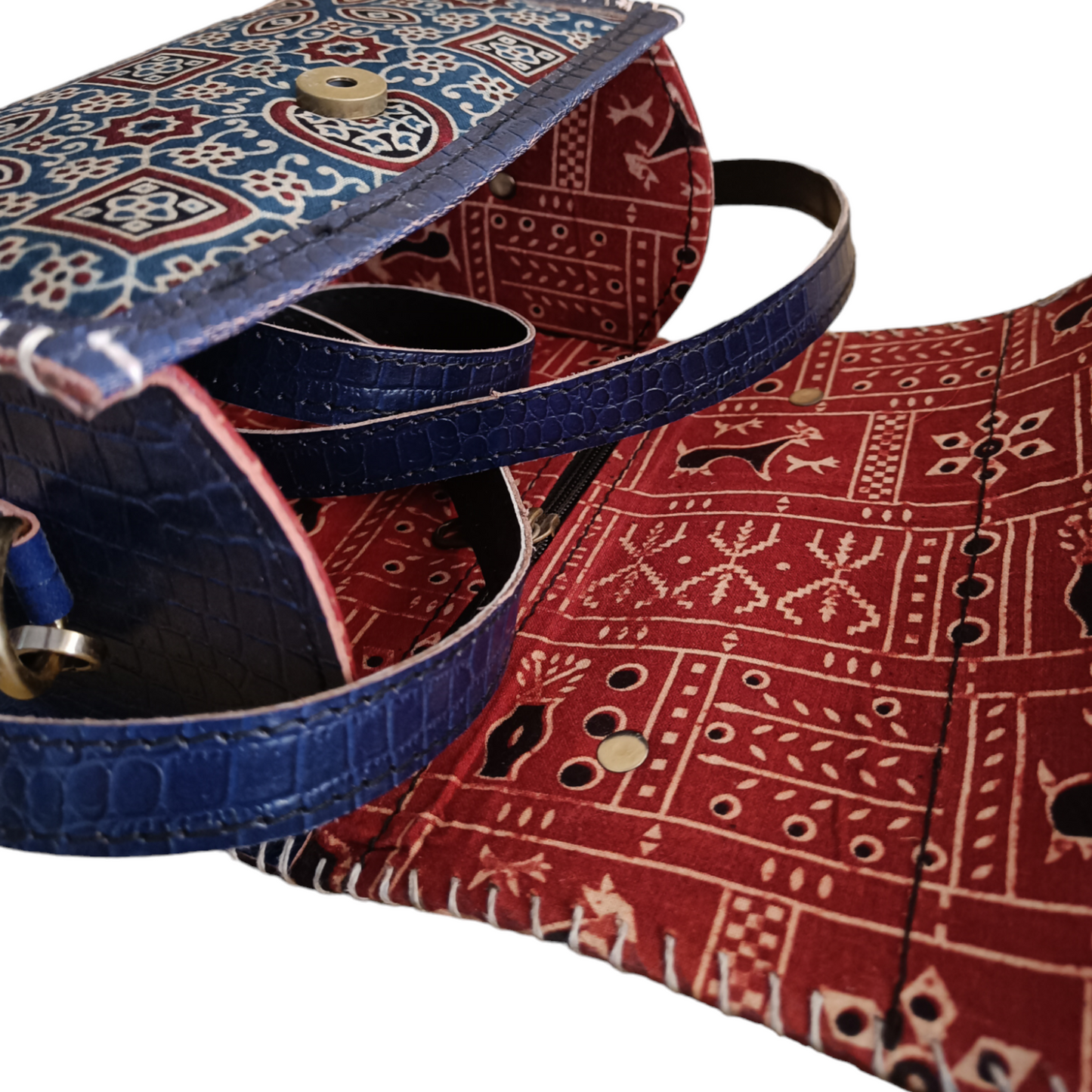 Leather Ajrakh Capsule Sling Bag - Blue