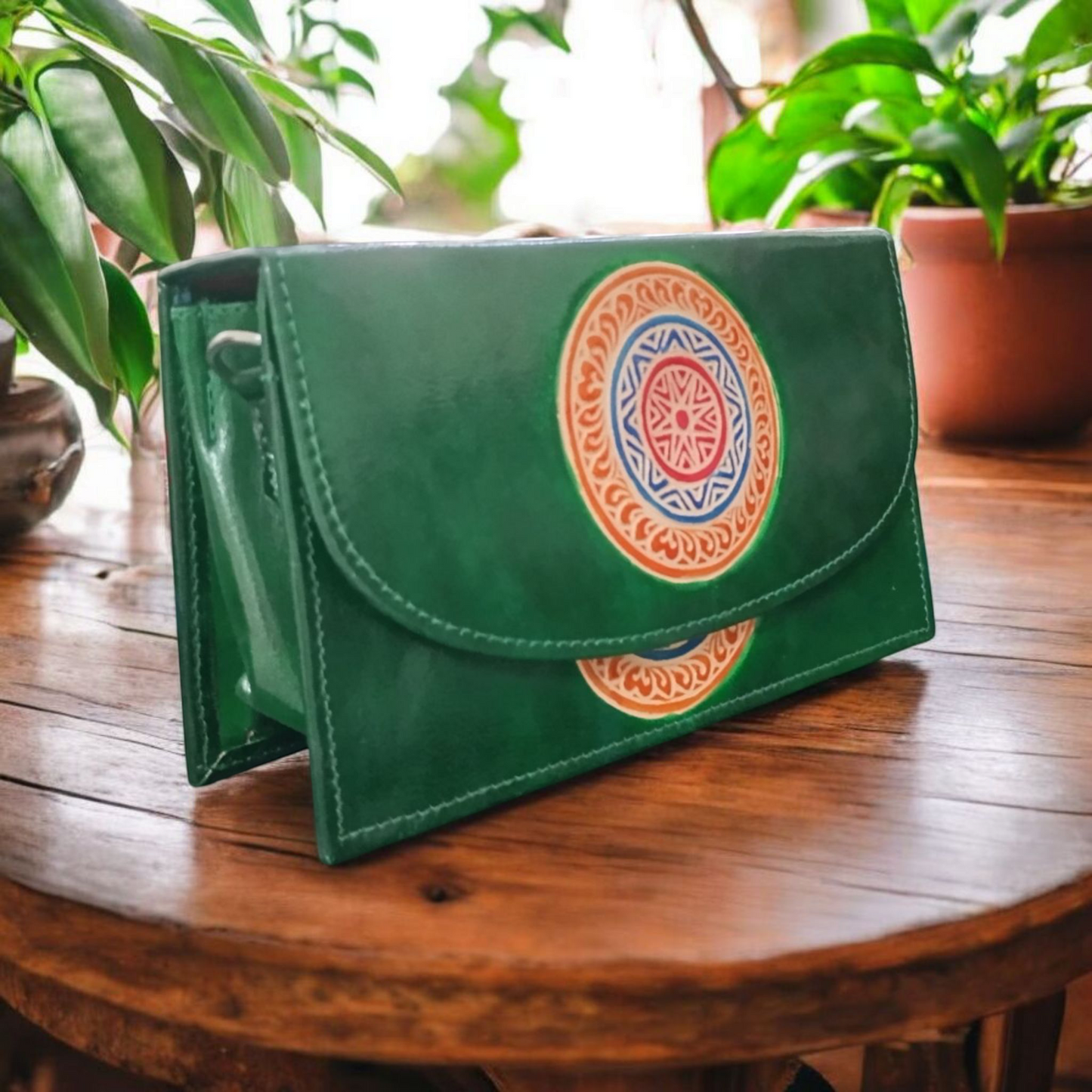 Green Hand embossed Crossbody Leather Purse