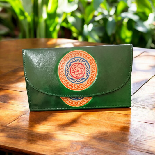 Green Hand embossed Crossbody Leather Purse