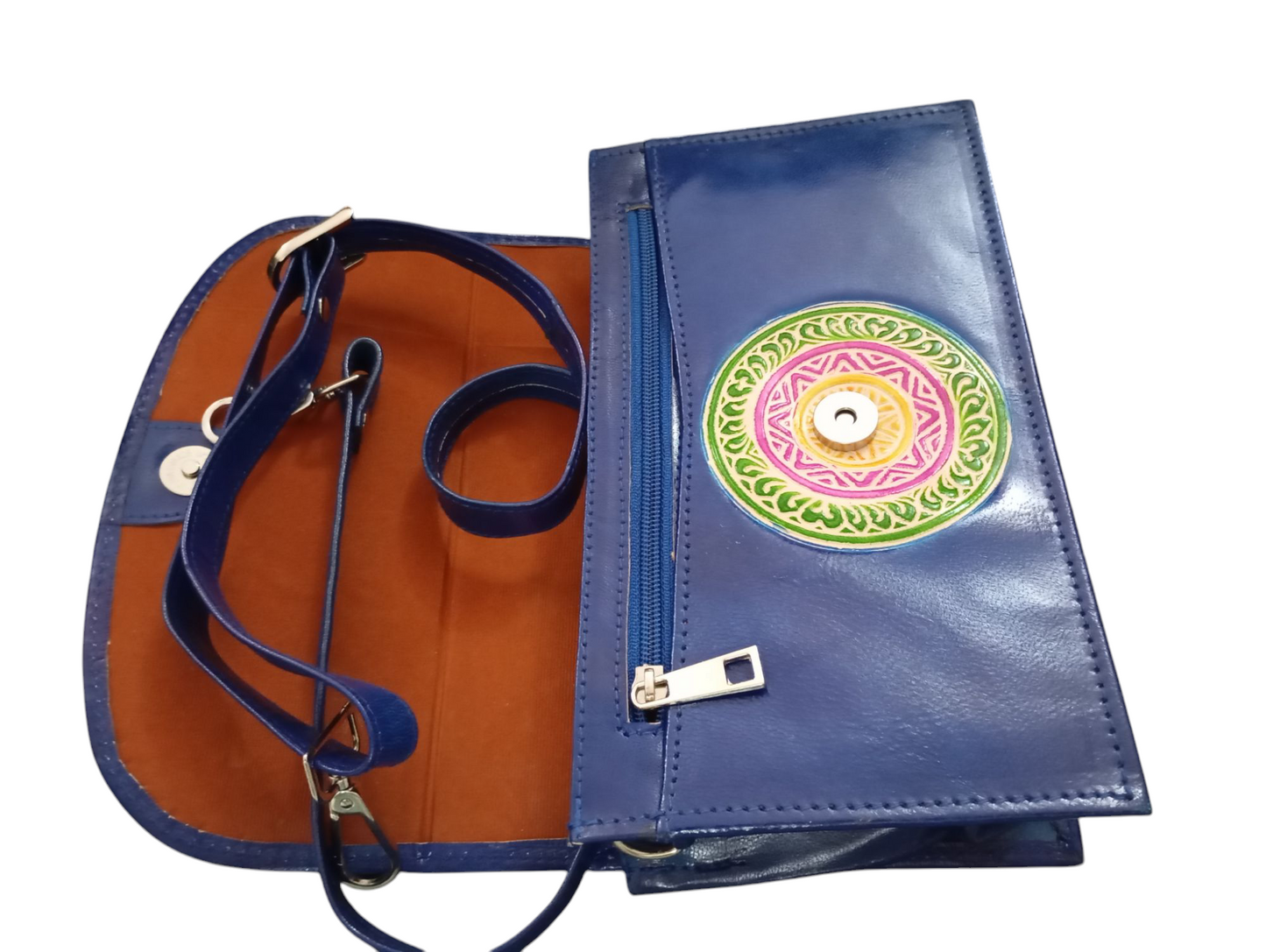 Blue Hand embossed Crossbody Leather Purse
