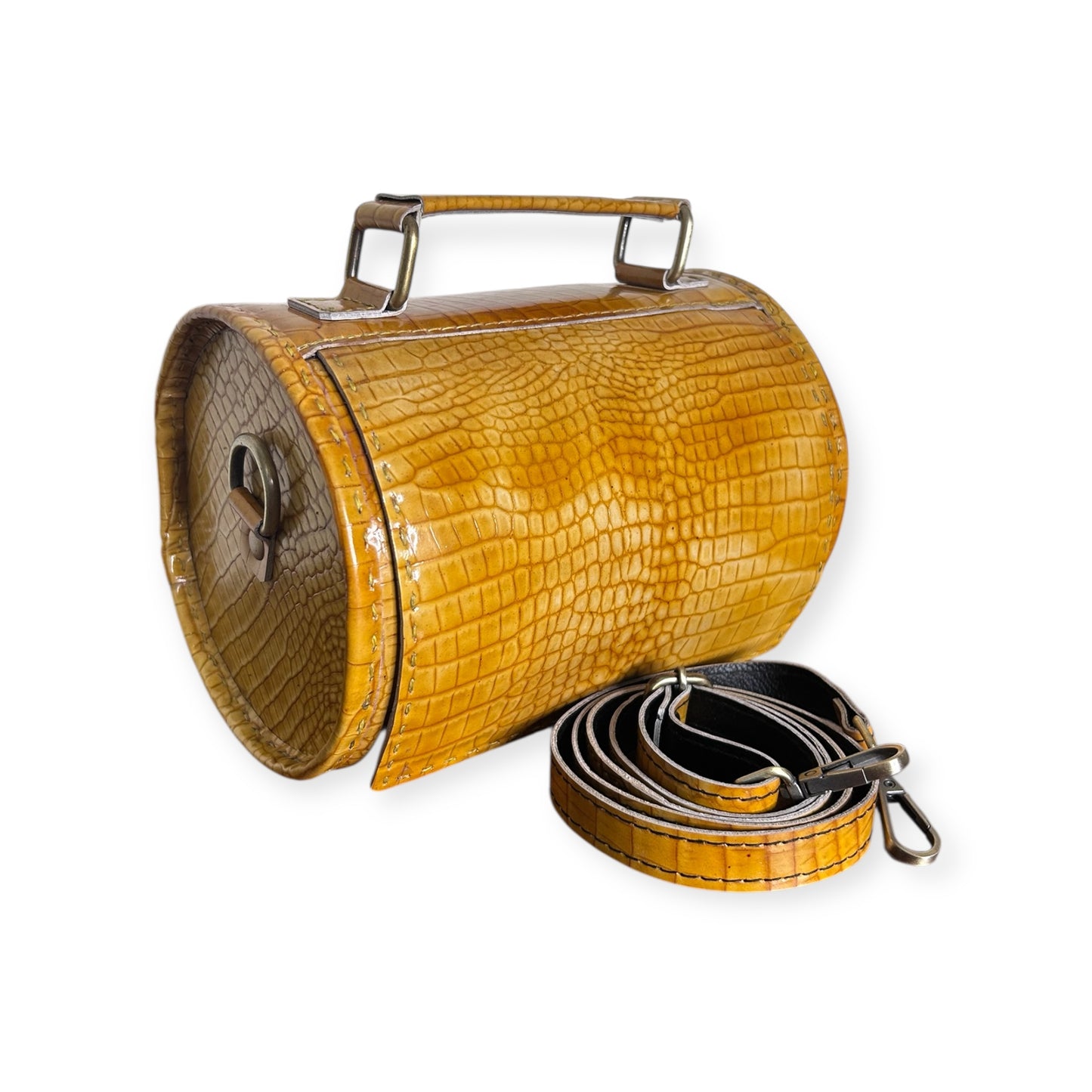Yellow Croc Leather Barrel Bag