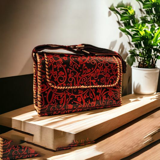 Red Streak Hand embossed Baguette Leather Bag