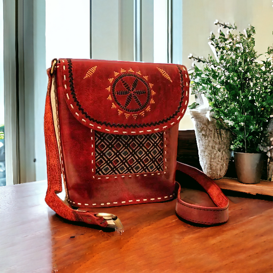 Umber Brown Embroidered Ajrakh Leather Bucket Bag