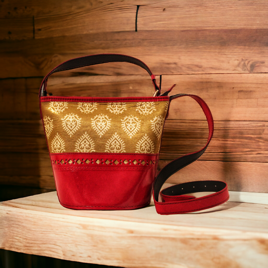 Yellow Berry Red Leather Bucket Bag