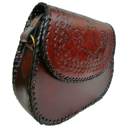 Burgundy Crossbody Handcarved Leather Sling Bag