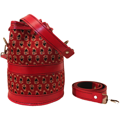 Red Ajrakh Leather Embroidered Potli